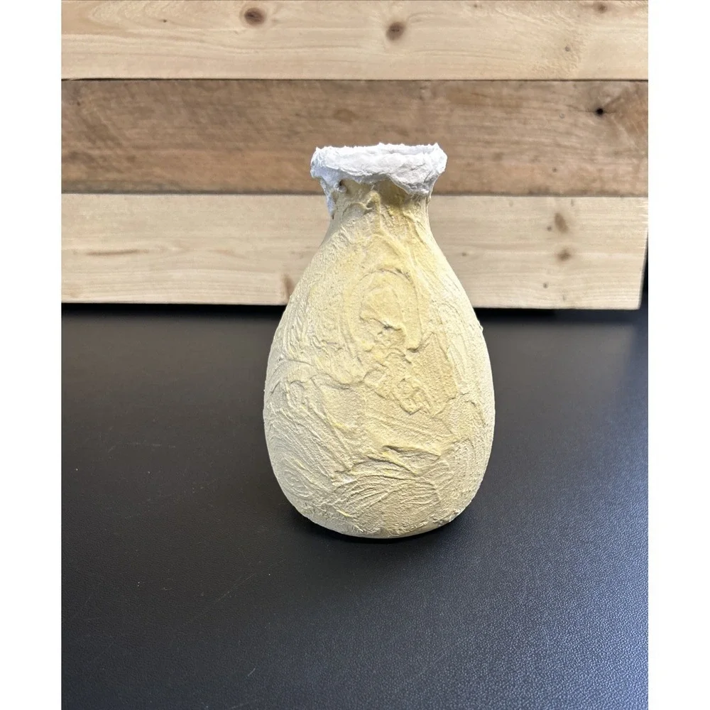 Quirky Revamped Ceramic Vase Rustic Primitive Textured Yellow Grunge Whimsical